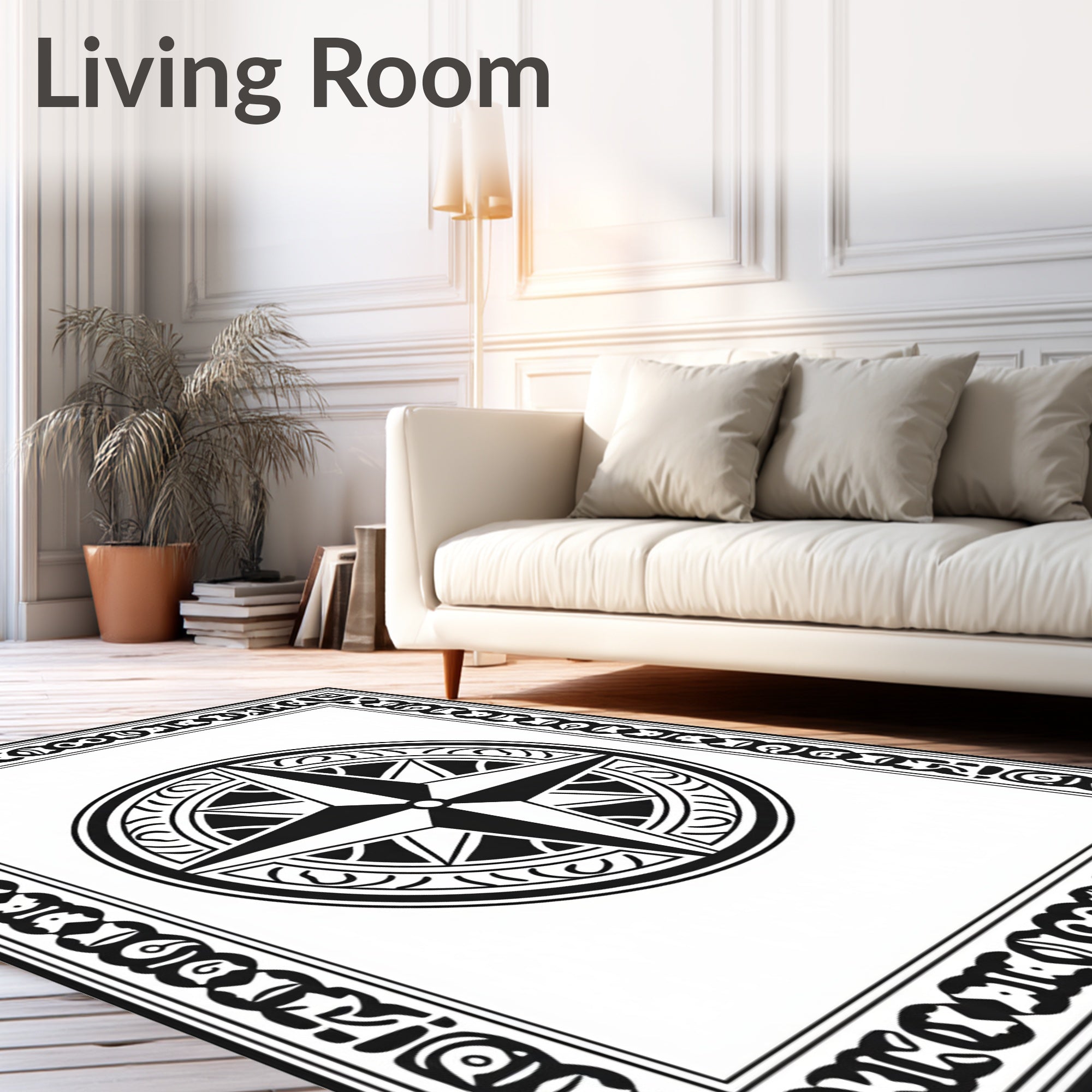 Monochromatic Black Compass Rose Border Rug