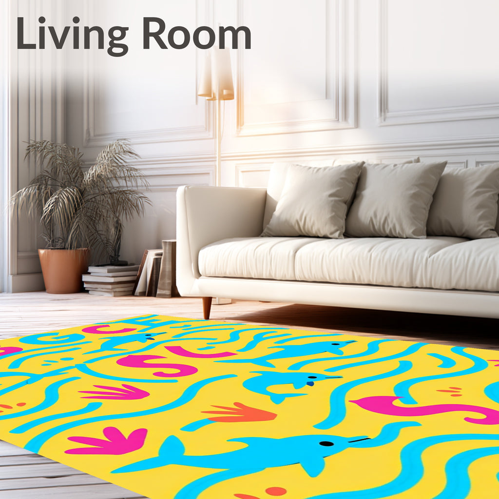 Playful Aqua Dolphins Yellow Sea Rug