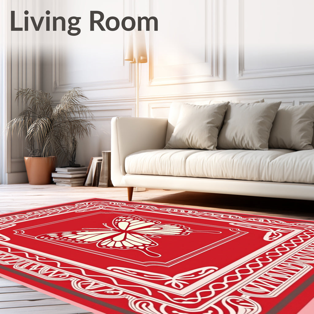 Red Cream Butterfly Floral Border Rug