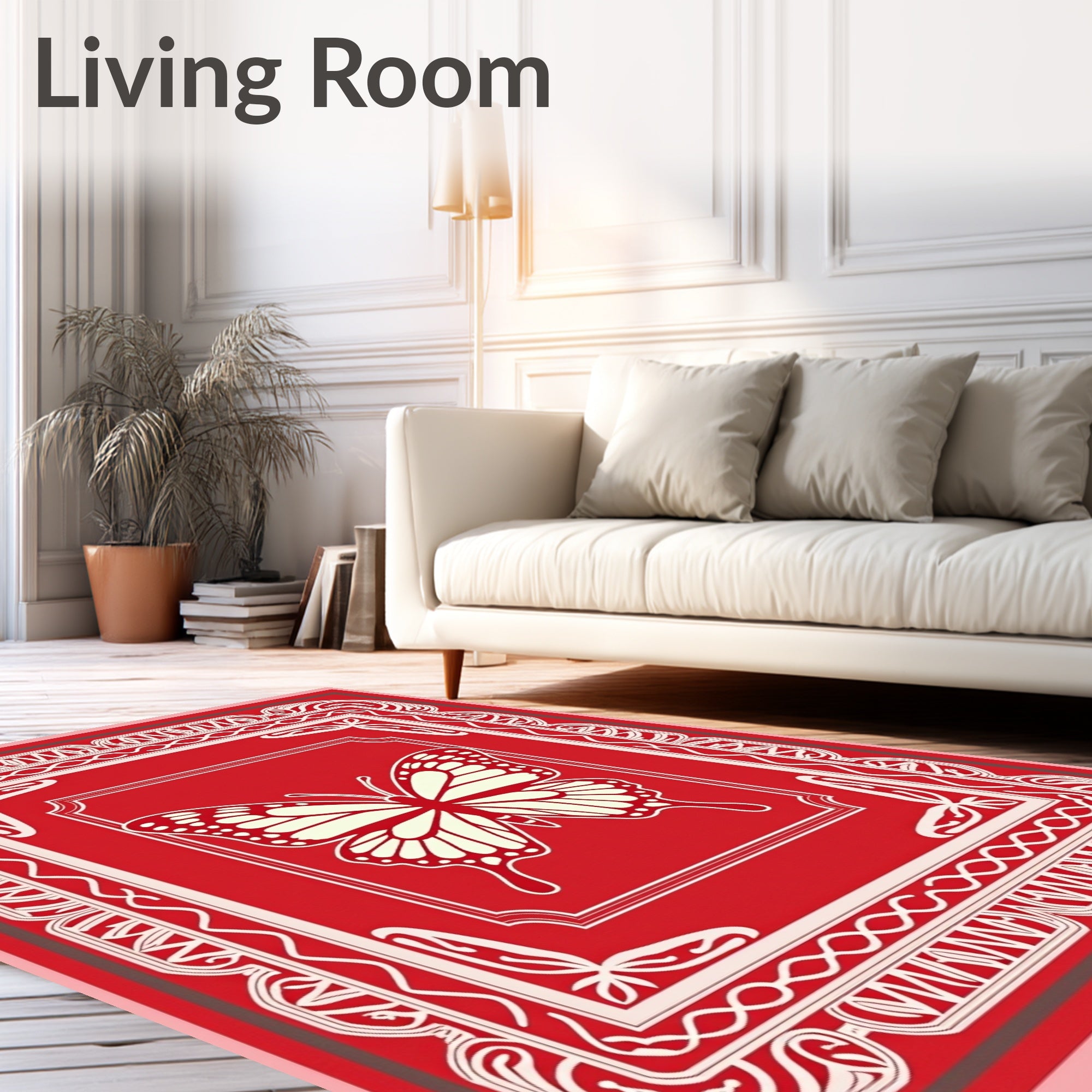 Red Cream Butterfly Floral Border Rug
