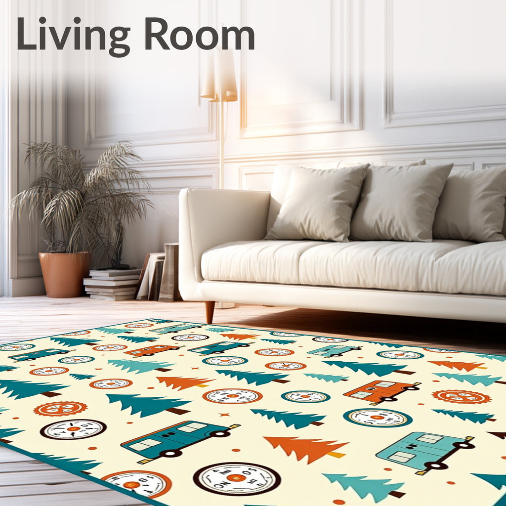 Whimsical Camper Trees Compass Cream Rug