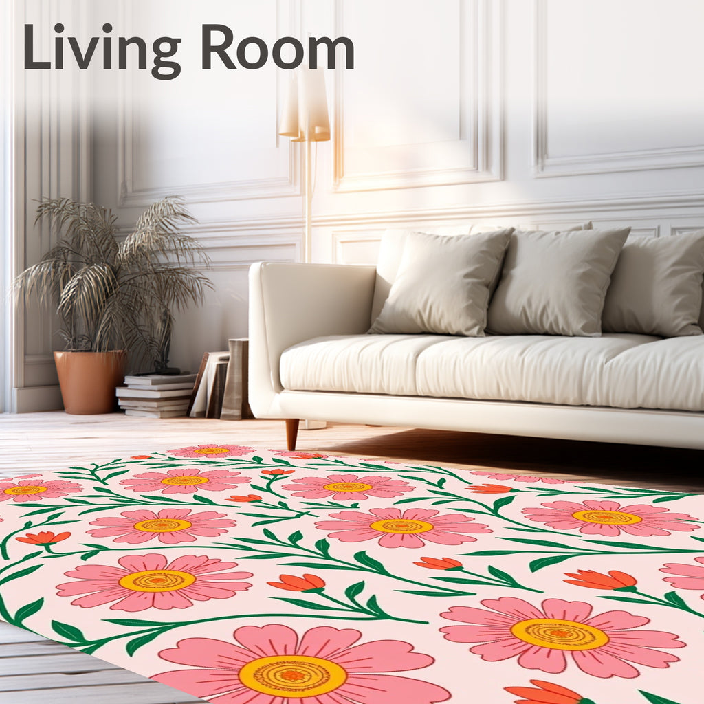 Pink Daisy Garden With Green Stems Rug