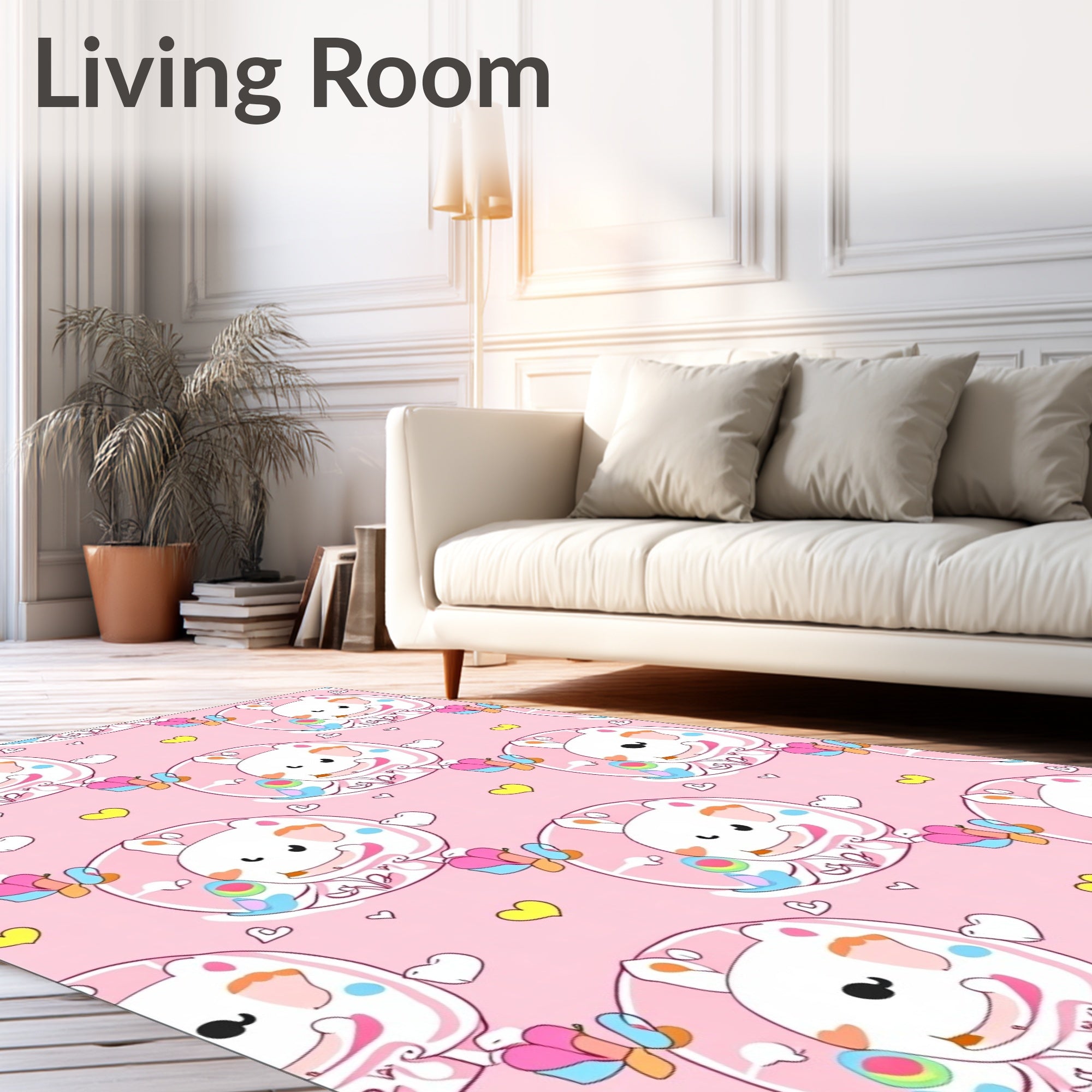 Cute Pink Bear Butterfly Hearts Rug