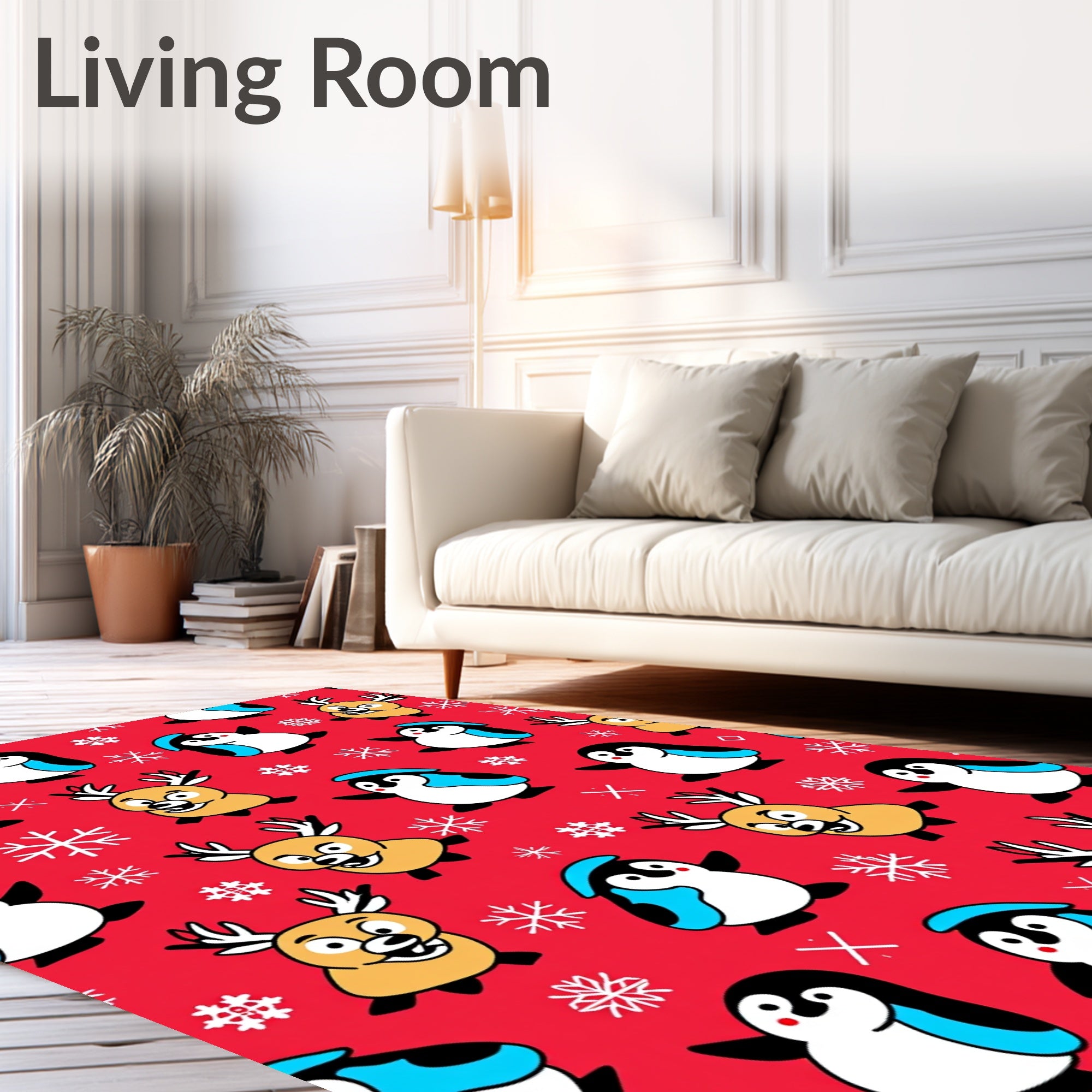 Whimsical Red Penguin Reindeer Snowflakes Rug
