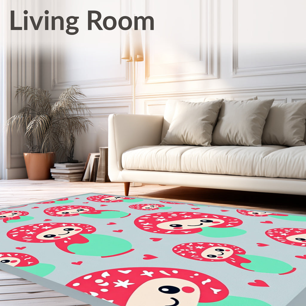 Cute Red Mushroom Characters With Hearts Rug