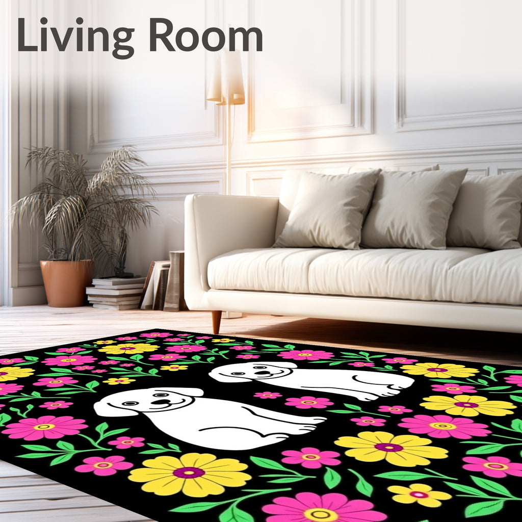 Two Cute White Puppies Floral Garden Rug