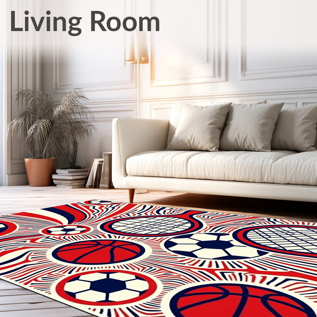 Red Blue White Sports Collage Rug