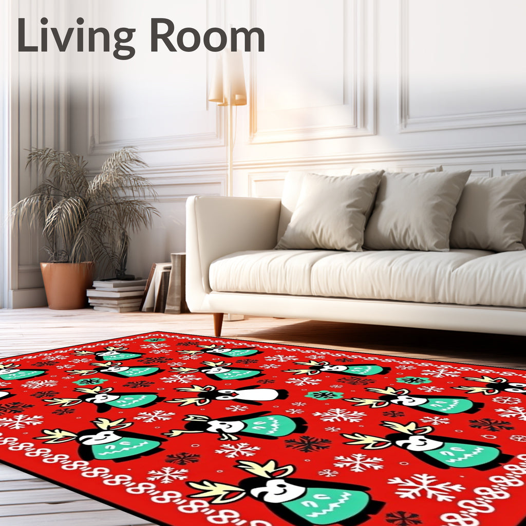 Red Christmas Penguin Snowflakes Rug