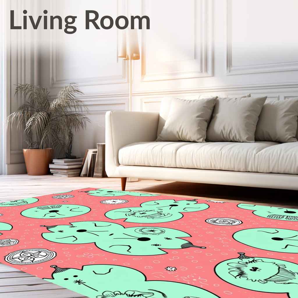 Whimsical Mint Creatures Coral Background Rug