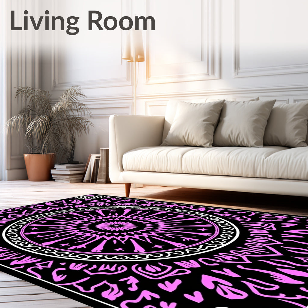 Vibrant Pink Mandala Black Background Rug