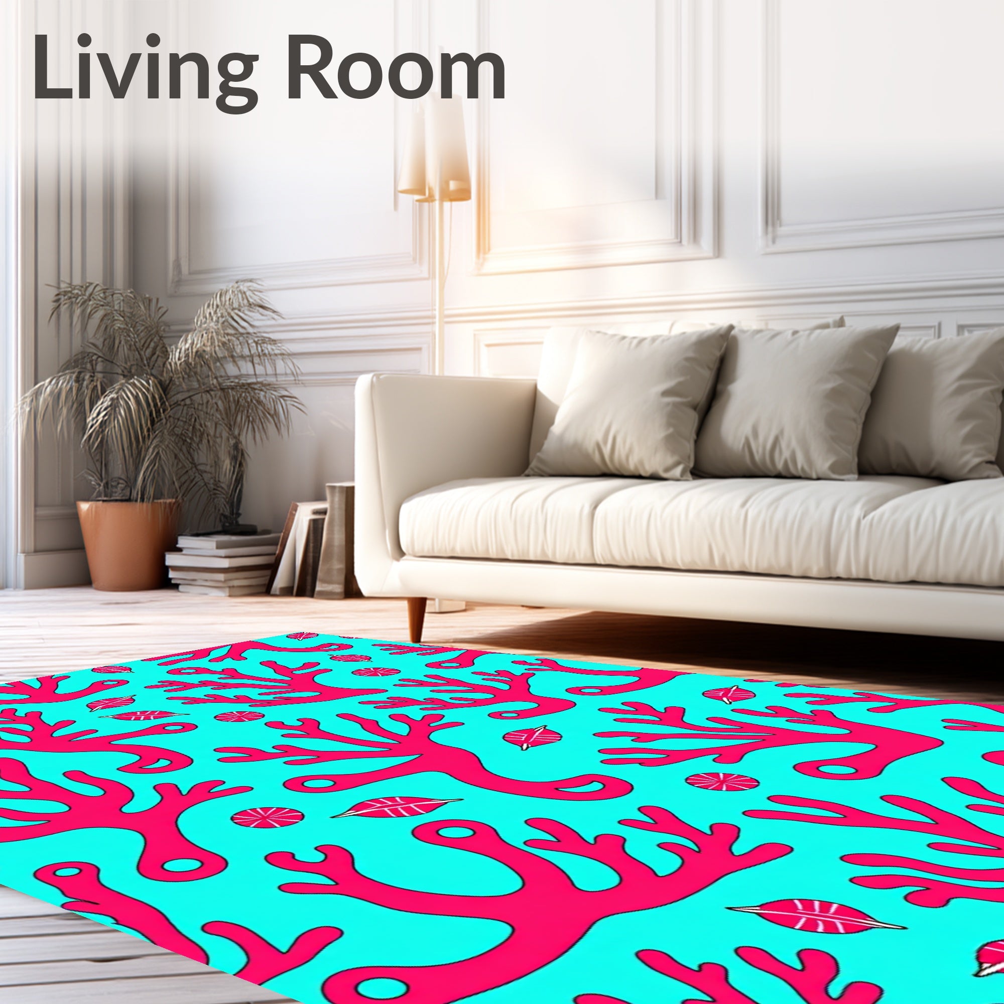 Aqua Pink Coral Branch Art Rug