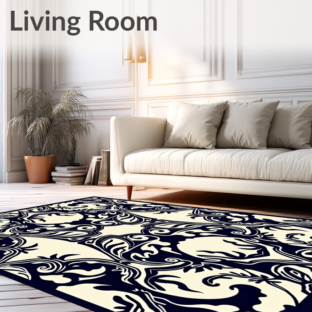 Dark Blue Cream Organic Foliage Rug
