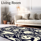 Dark Blue Cream Organic Foliage Rug