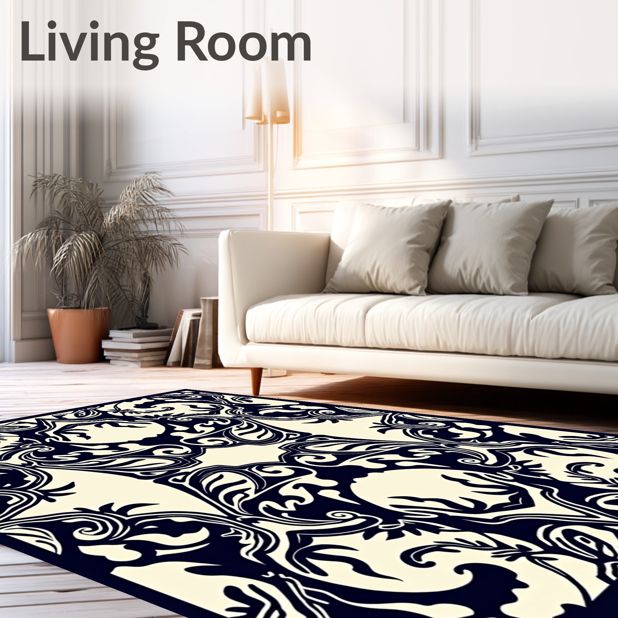 Dark Blue Cream Organic Foliage Rug