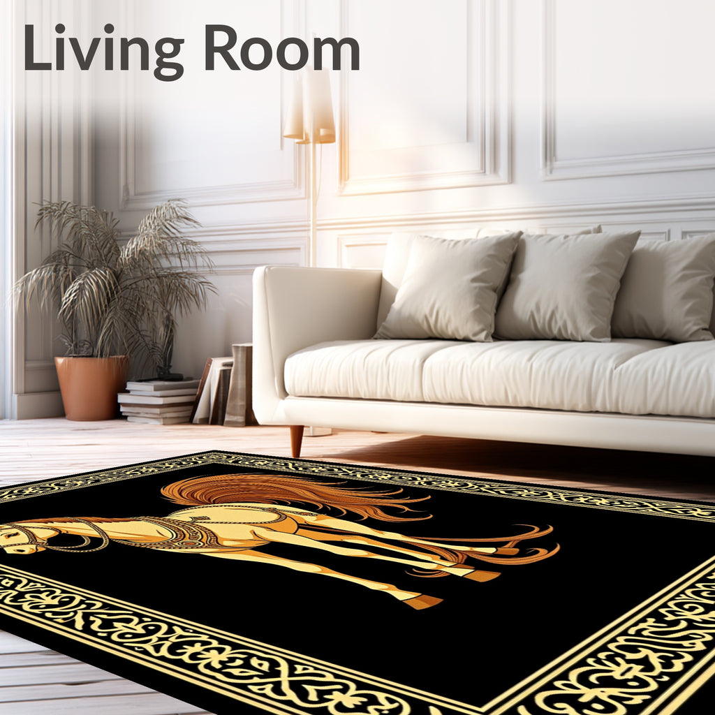 Golden Horse Regal Emblem Black Rug