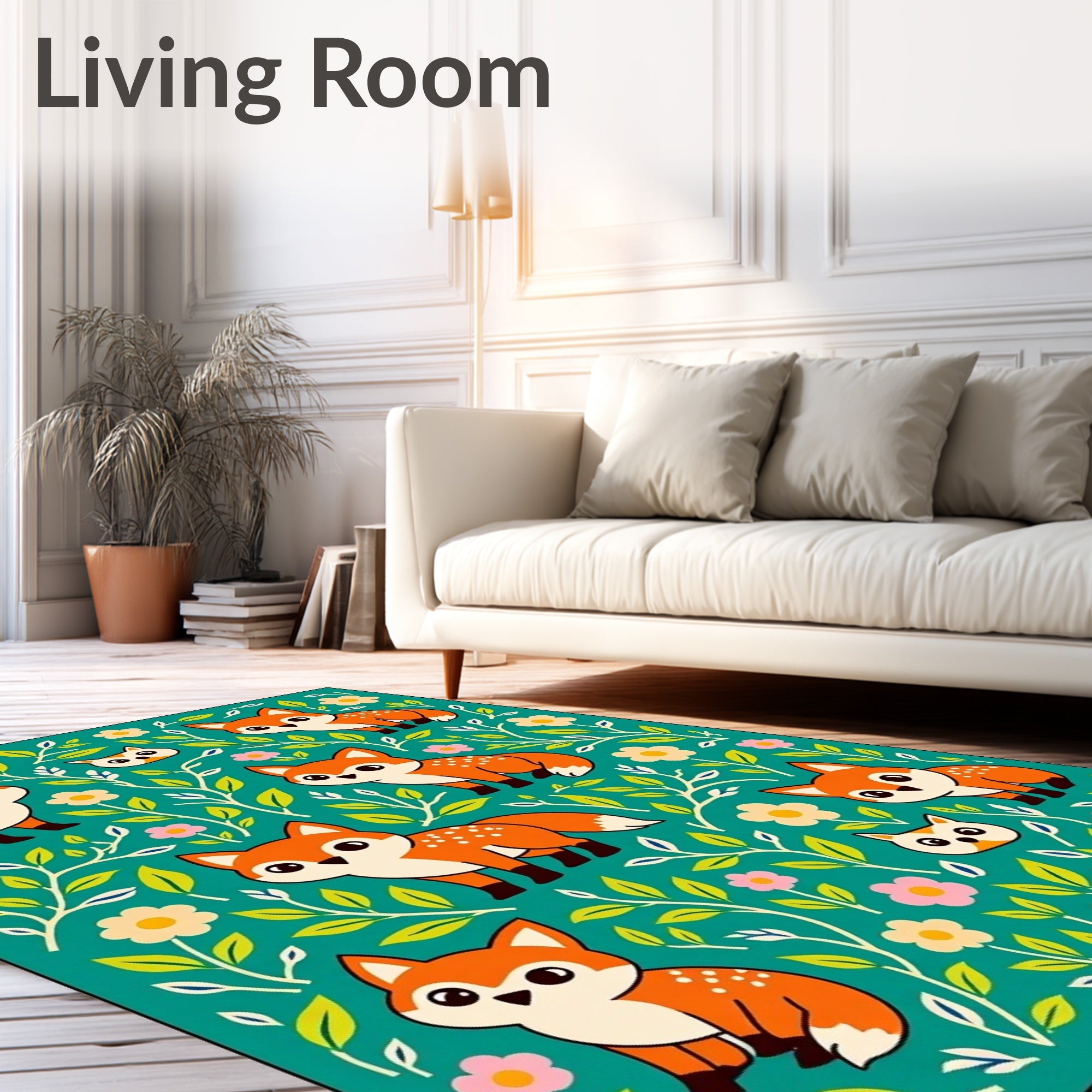 Teal Fox Foliage Whimsical Charm Rug