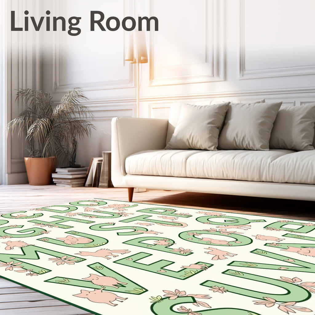 Whimsical Green Alphabet Pink Critters Rug