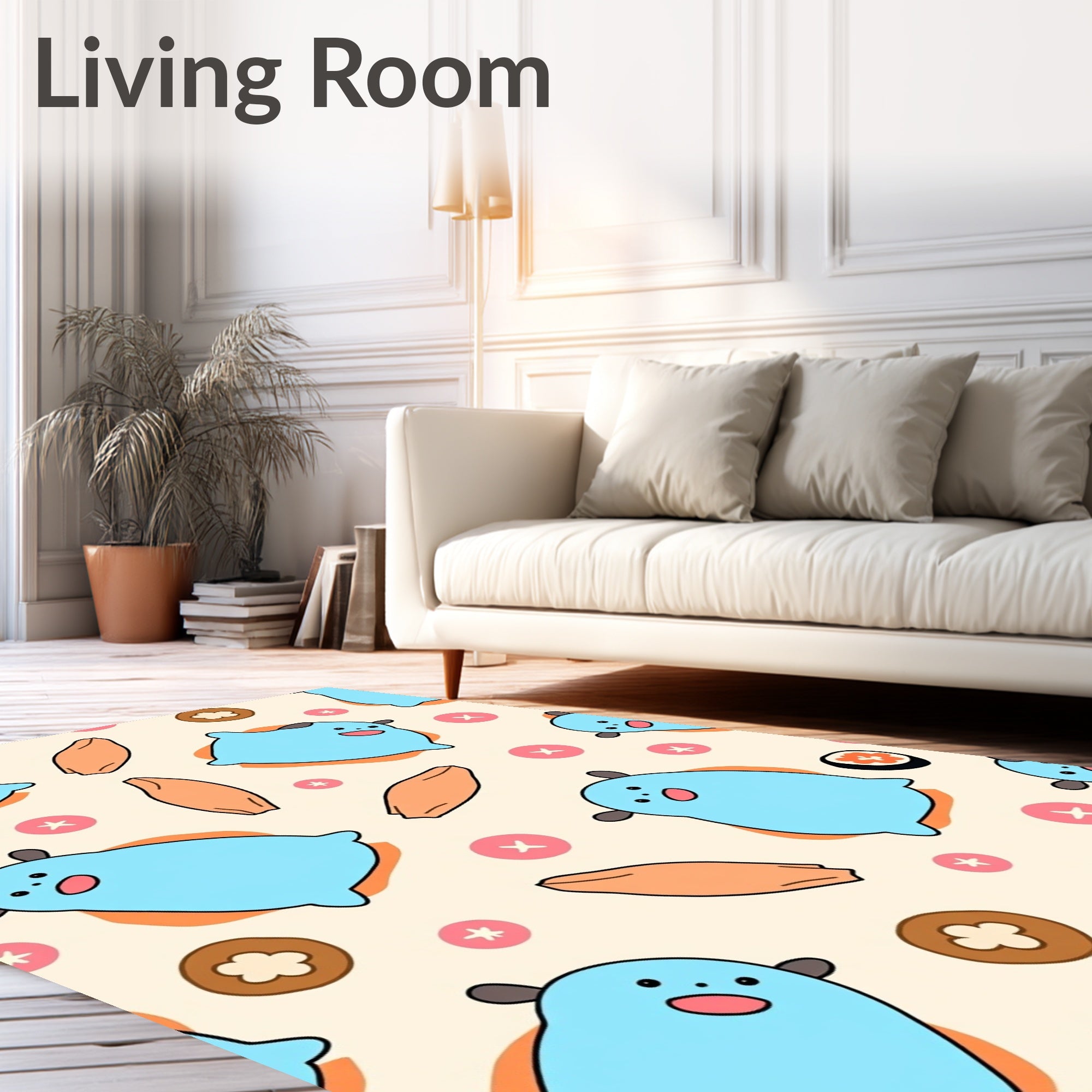 Cute Blue Characters with Food Scattered Rug