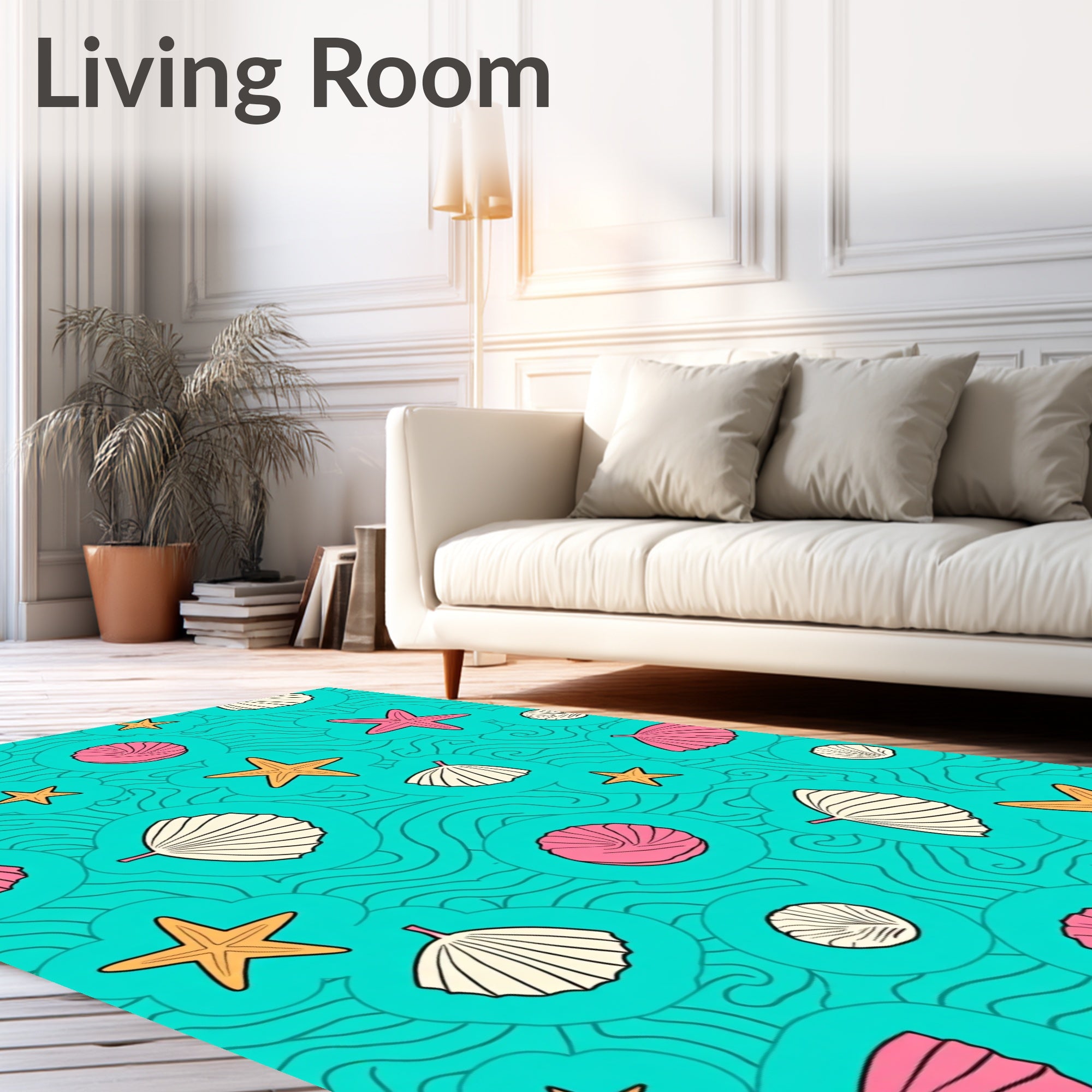 Coral Pink Scallop Starfish Waves Rug
