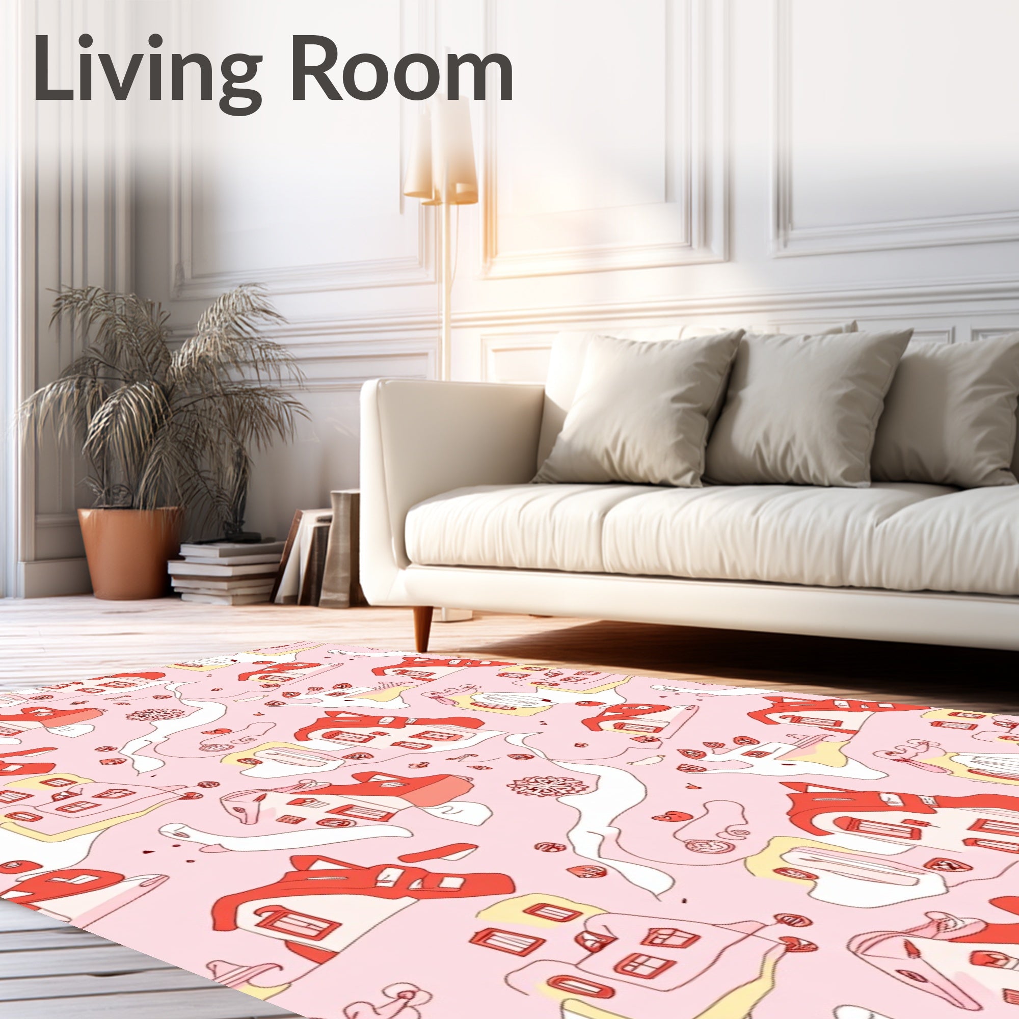 Whimsical Pink Houses Abstract Flow Rug