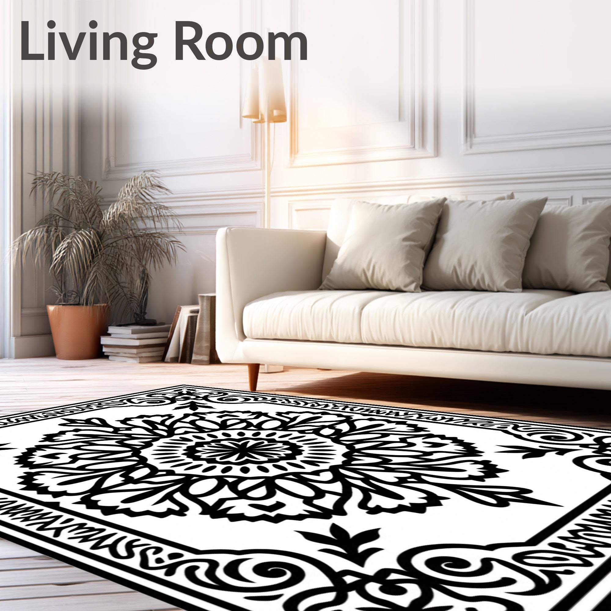 Black Floral Medallion Square Frame Rug