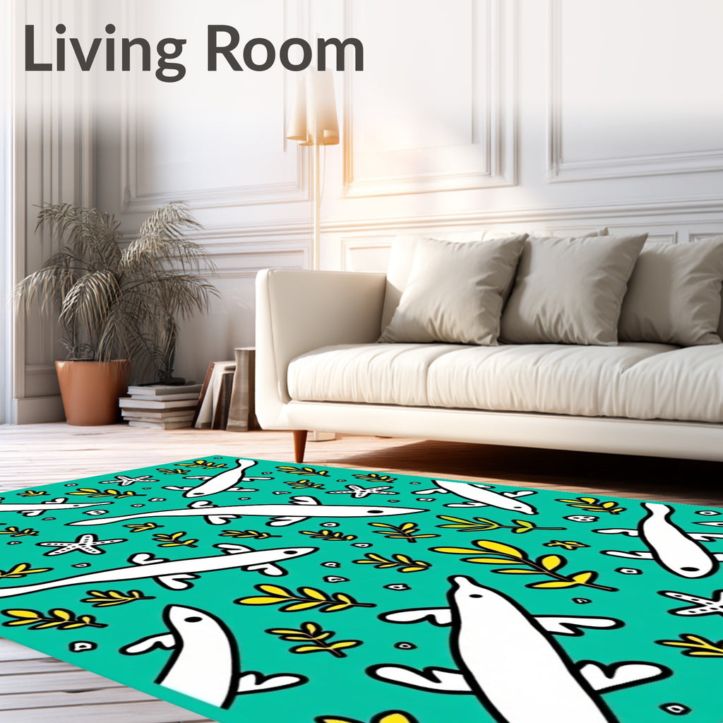Whimsical White Fish Teal Coral Rug