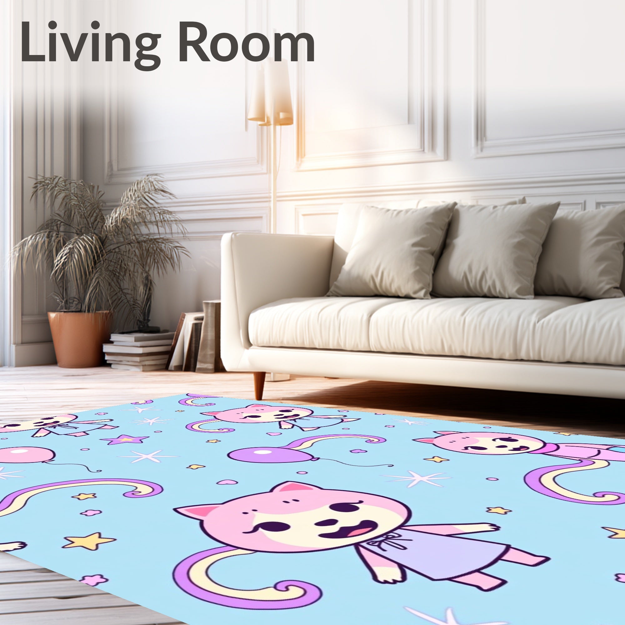 Charming Pink Cat Whimsical Stars Balloons Rug