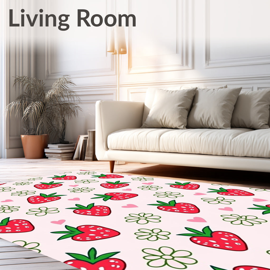 Sweet Red Strawberry Pink Hearts Flowers Rug