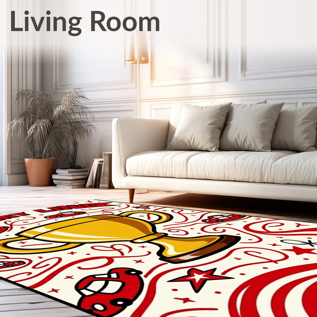 Golden Trophy Red Car Celebration Rug