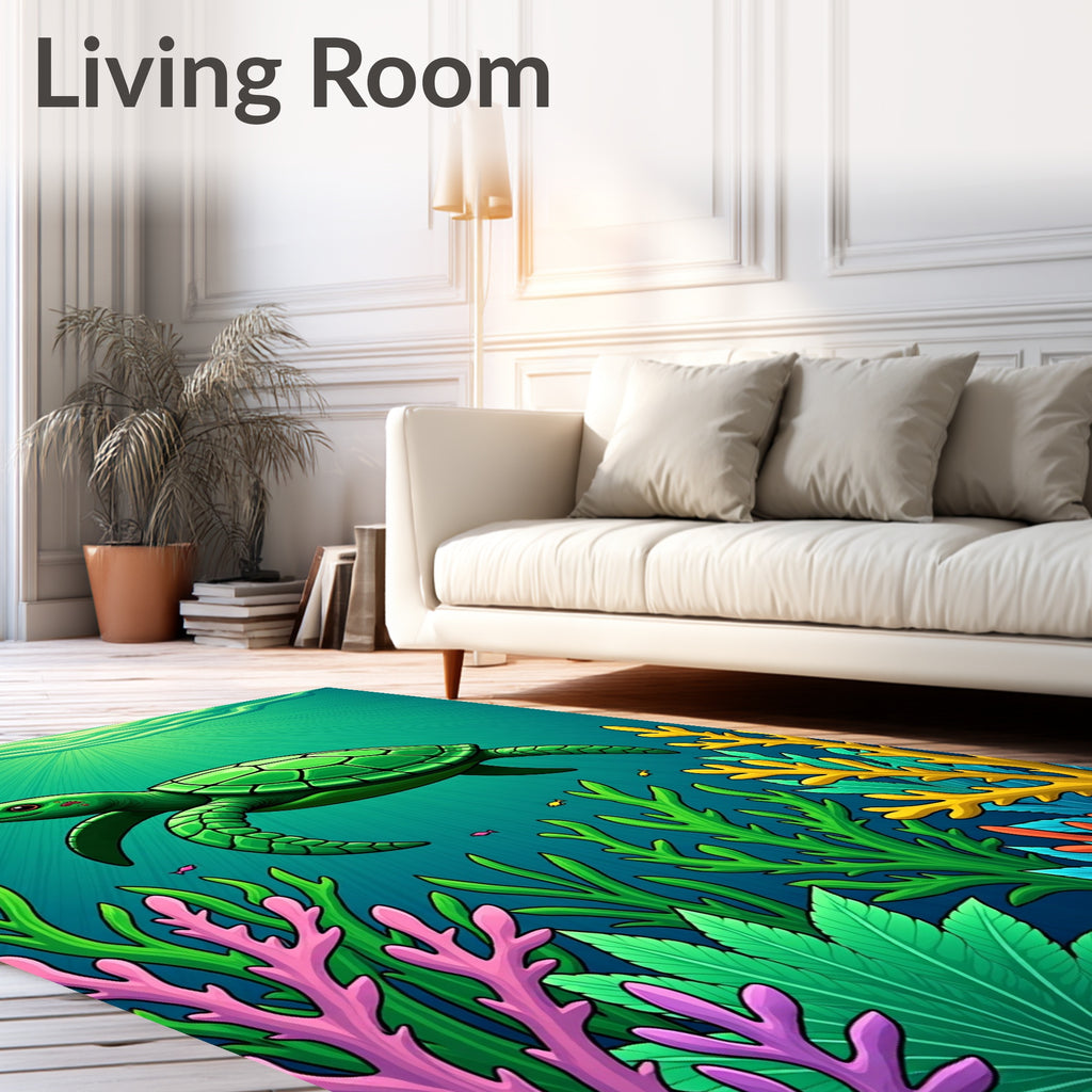 Vibrant Green Sea Turtle Coral Scene Rug