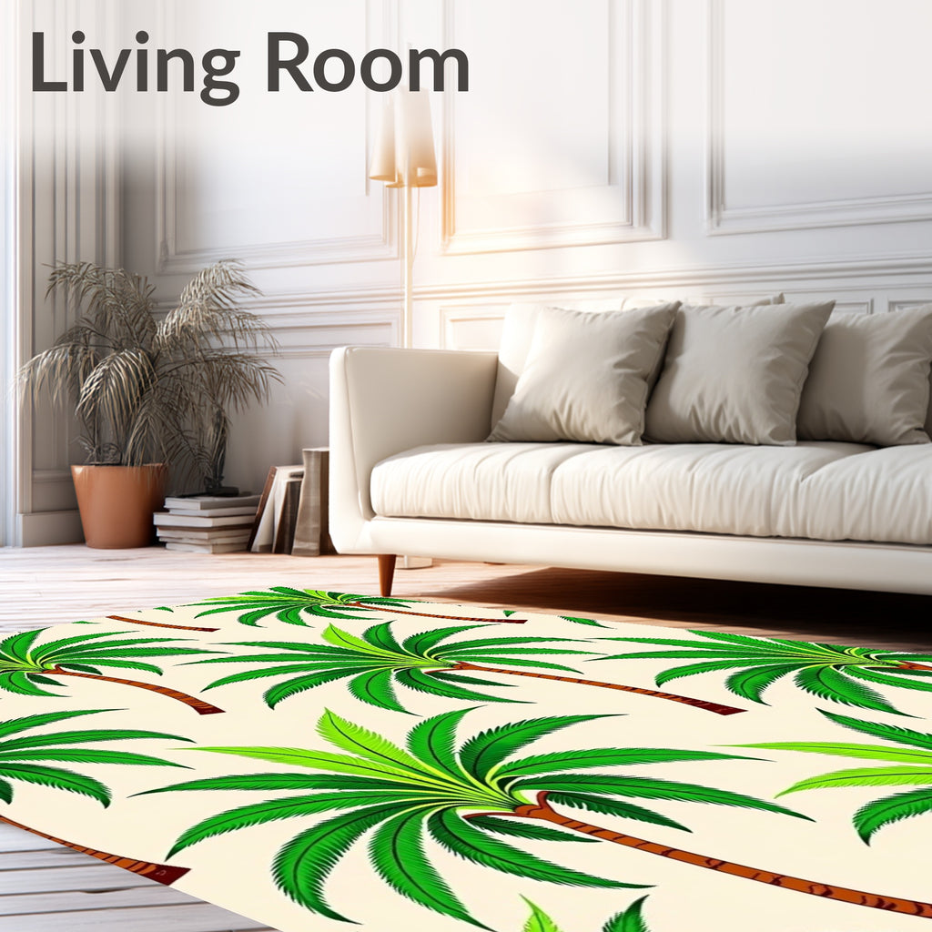 Tropical Green Palm Trees Cream Background Rug