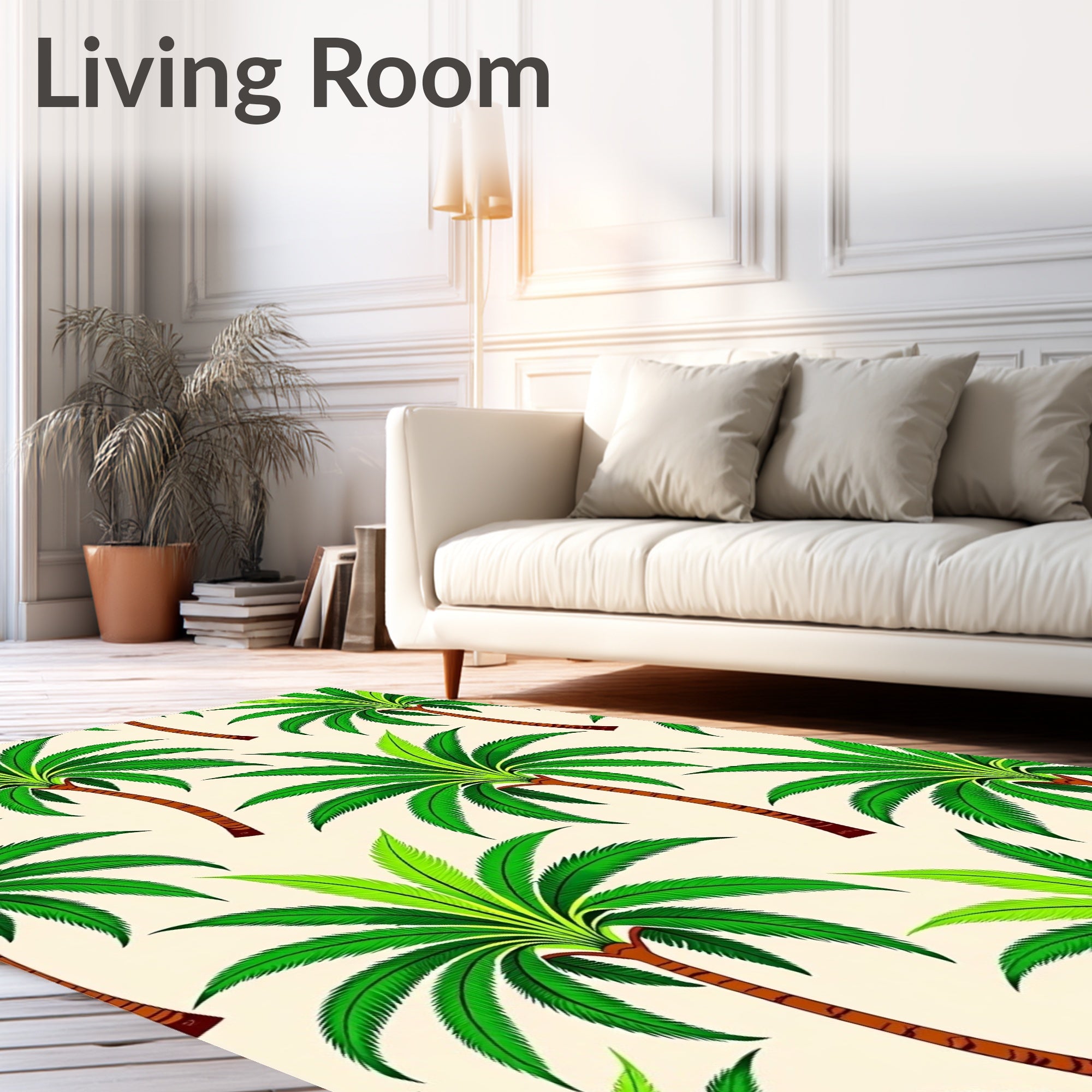 Tropical Green Palm Trees Cream Background Rug