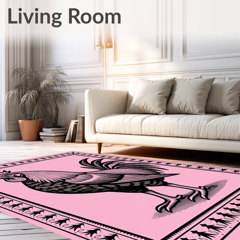 Pink Roaming Rooster Decorative Framed Rug