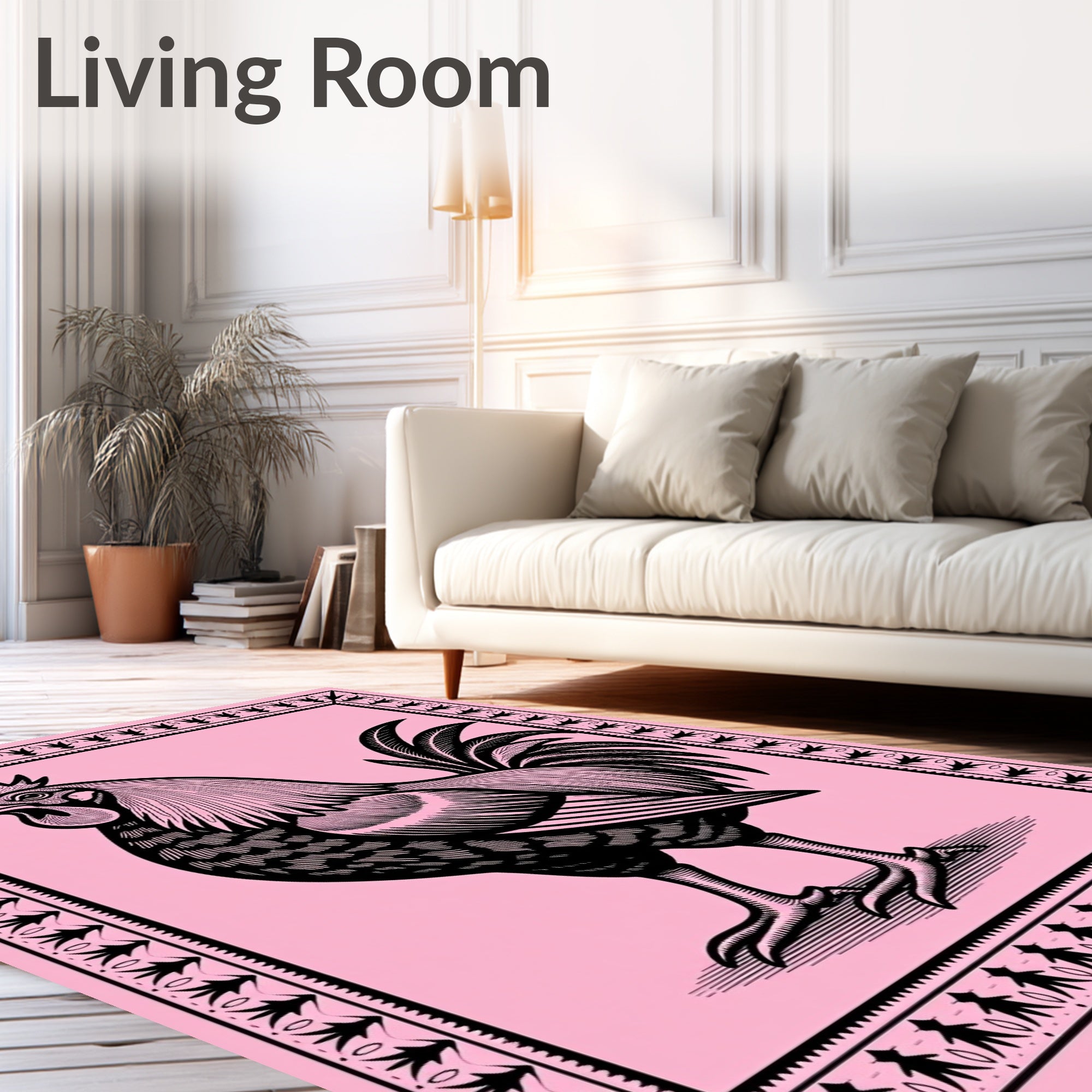 Pink Roaming Rooster Decorative Framed Rug