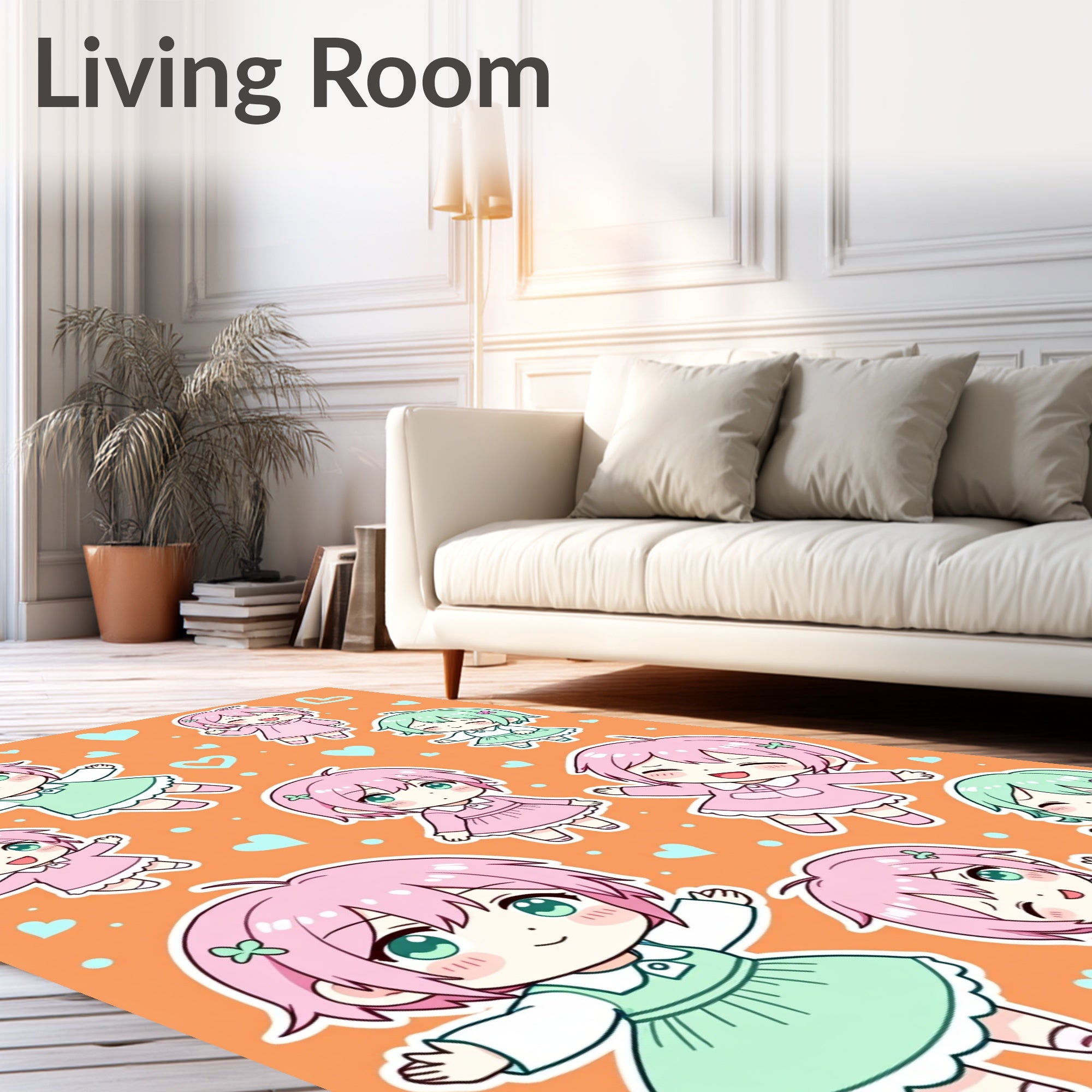 Cute Chibi Kawaii Characters Pink Green Hearts Rug
