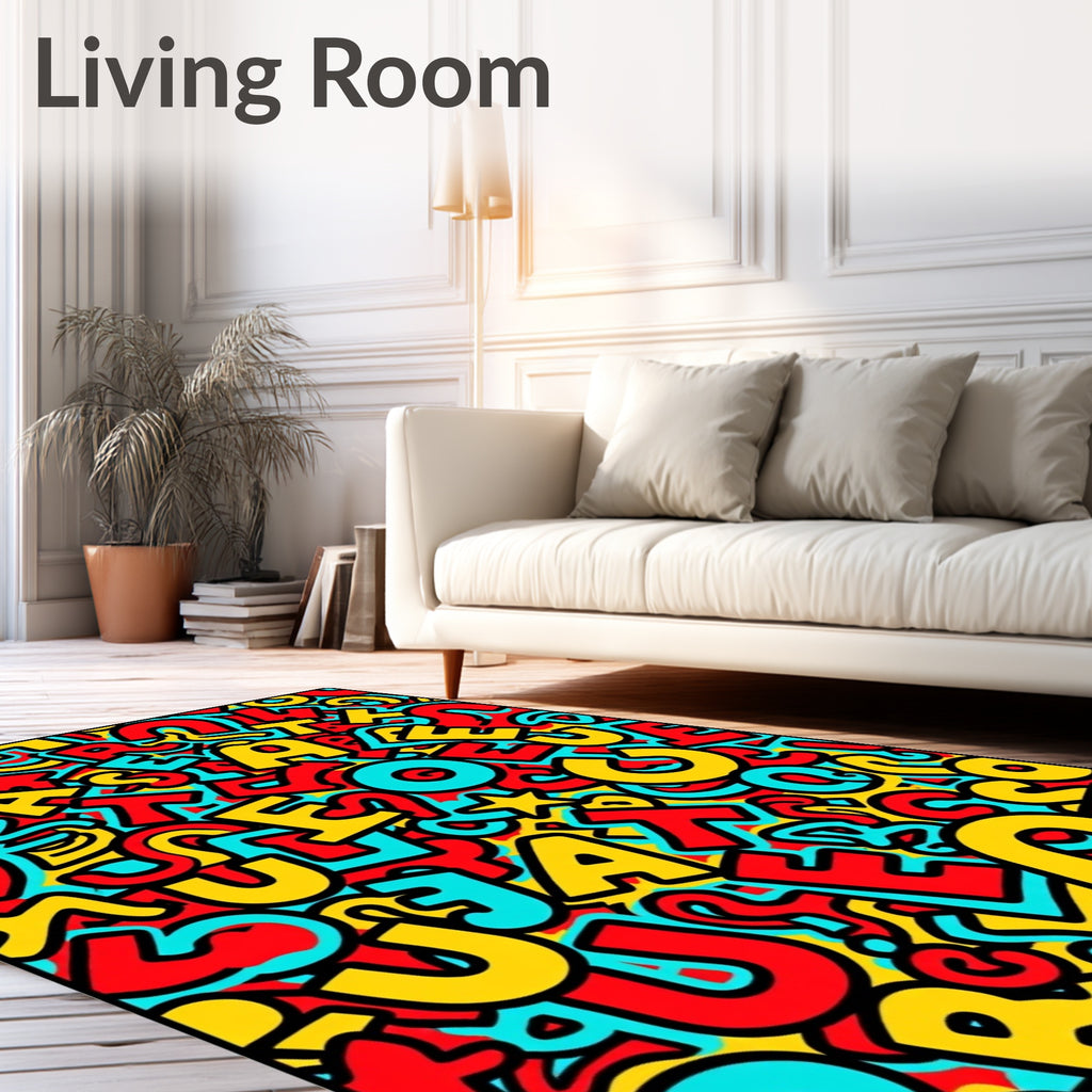 Bustling Red Yellow Turquoise Alphabet Chaos Rug
