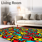 Bustling Red Yellow Turquoise Alphabet Chaos Rug