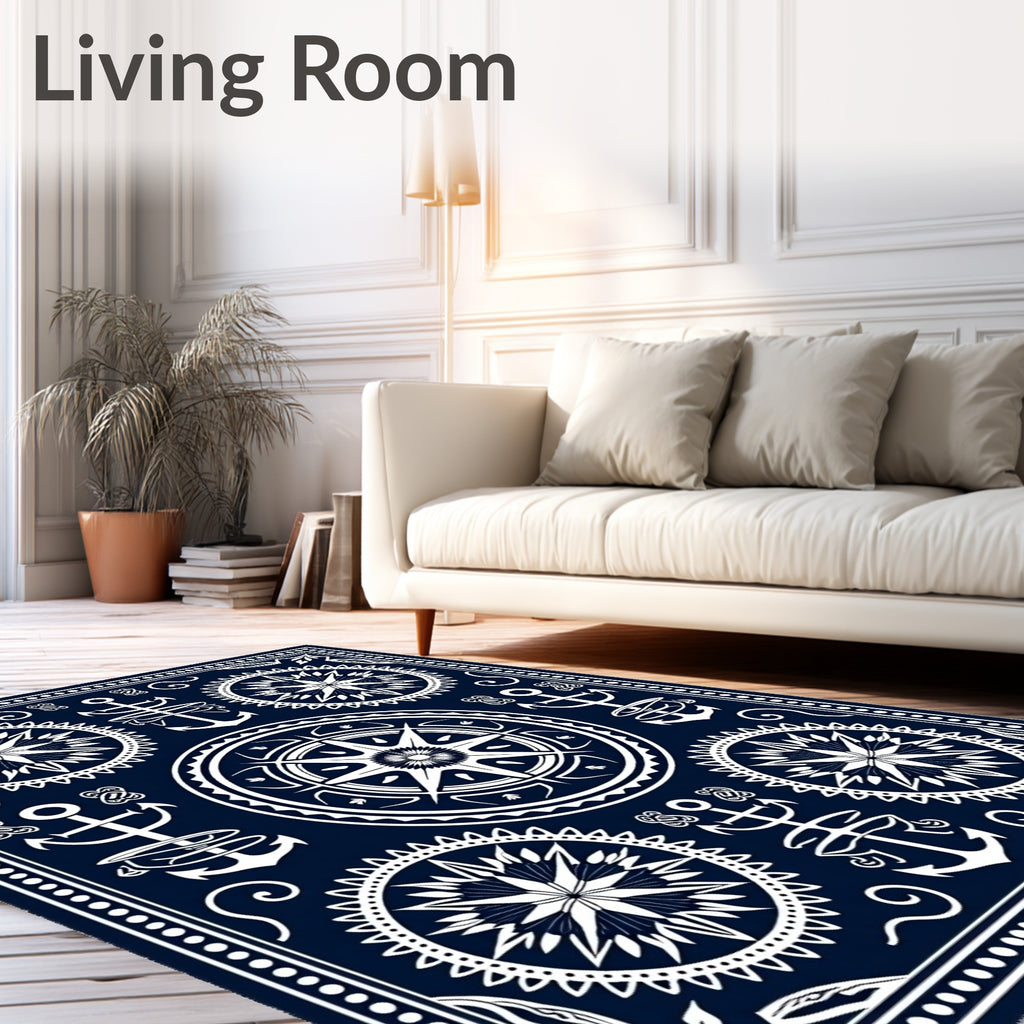 Navy White Nautical Compass Rose Anchor Rug