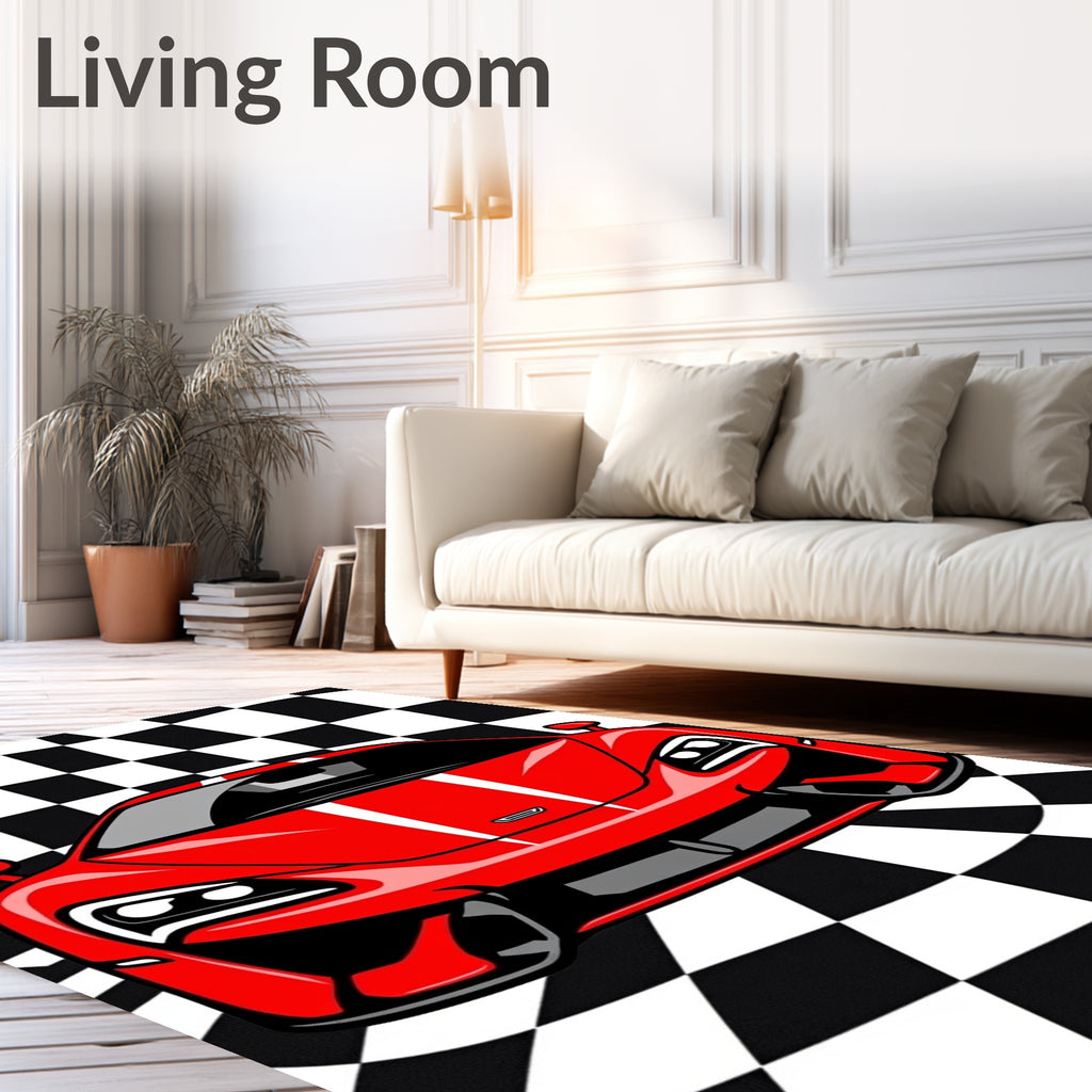 Red White Striped Sports Car Racing Rug