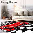 Red White Striped Sports Car Racing Rug