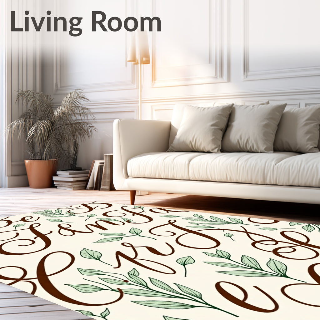 Brown Calligraphy Leaf Print Rug