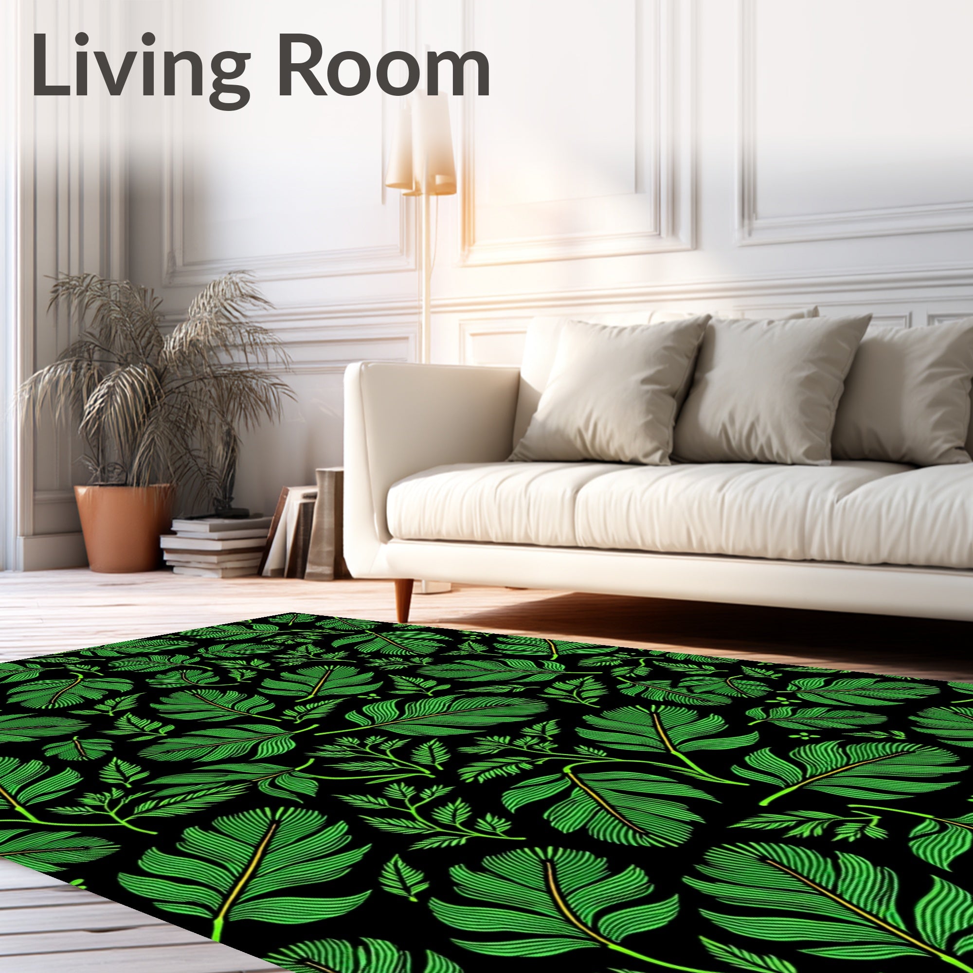 Vivid Green Feathery Flora Fabric Rug