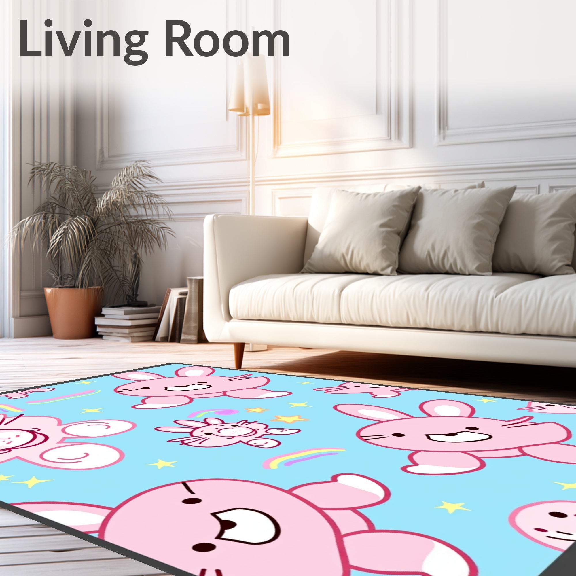 Pink Bunnies Stars Rainbows Aqua Rug