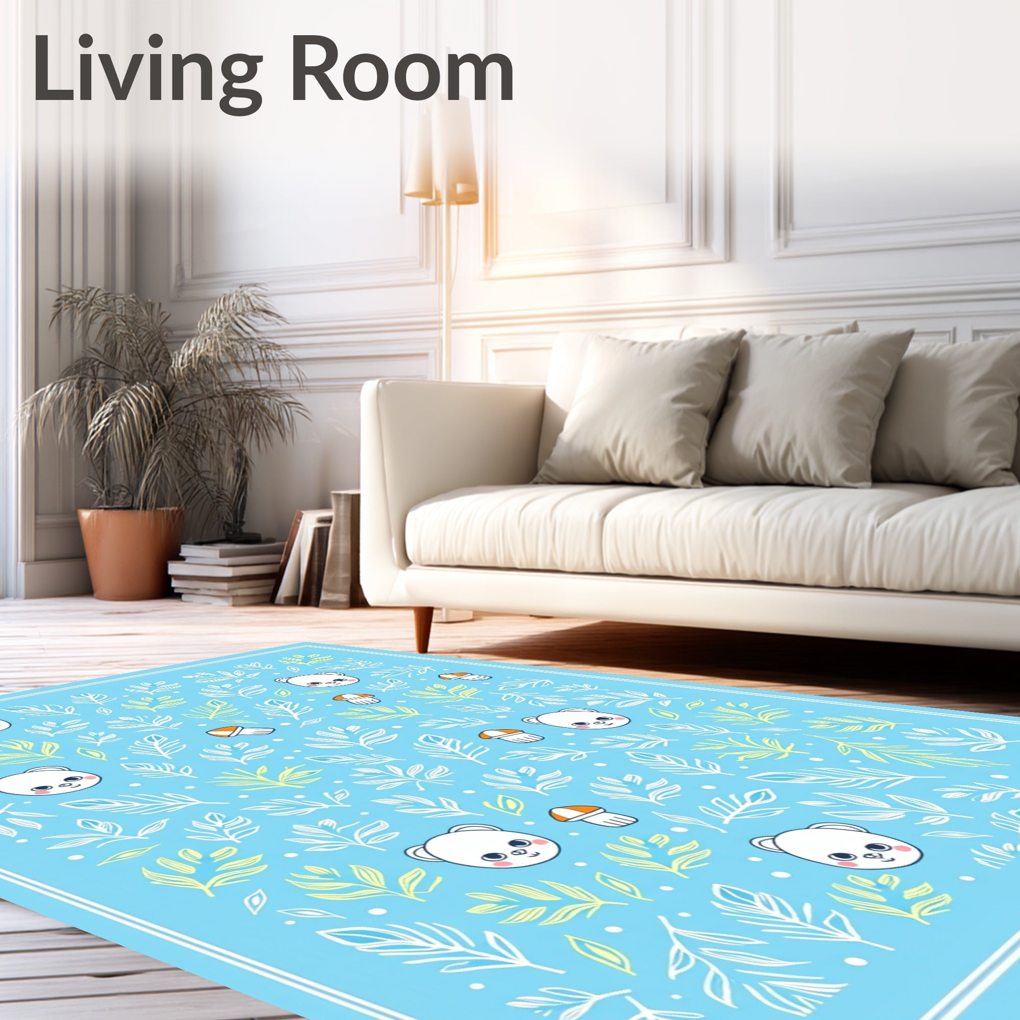 Cute Blue Bear Mushroom Foliage Rug