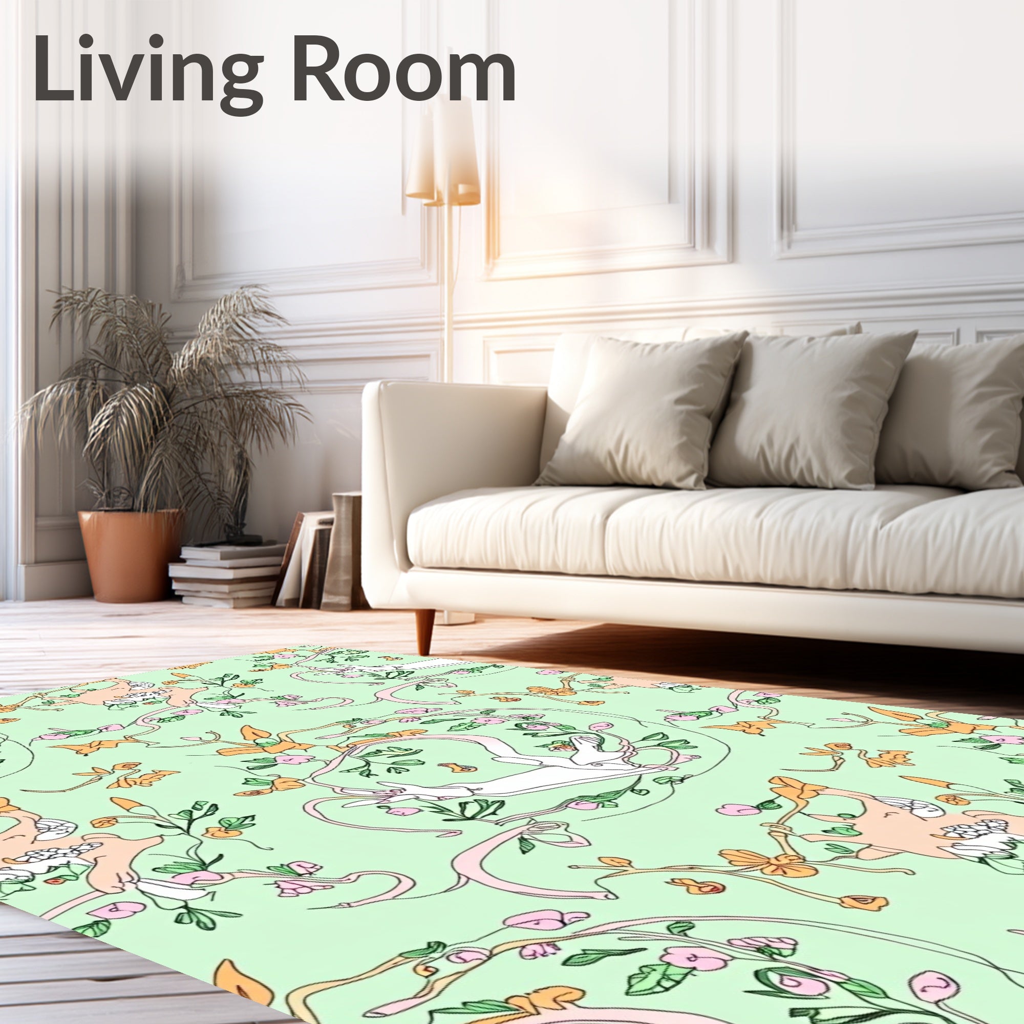 Whimsical White Hare Floral Garden Rug