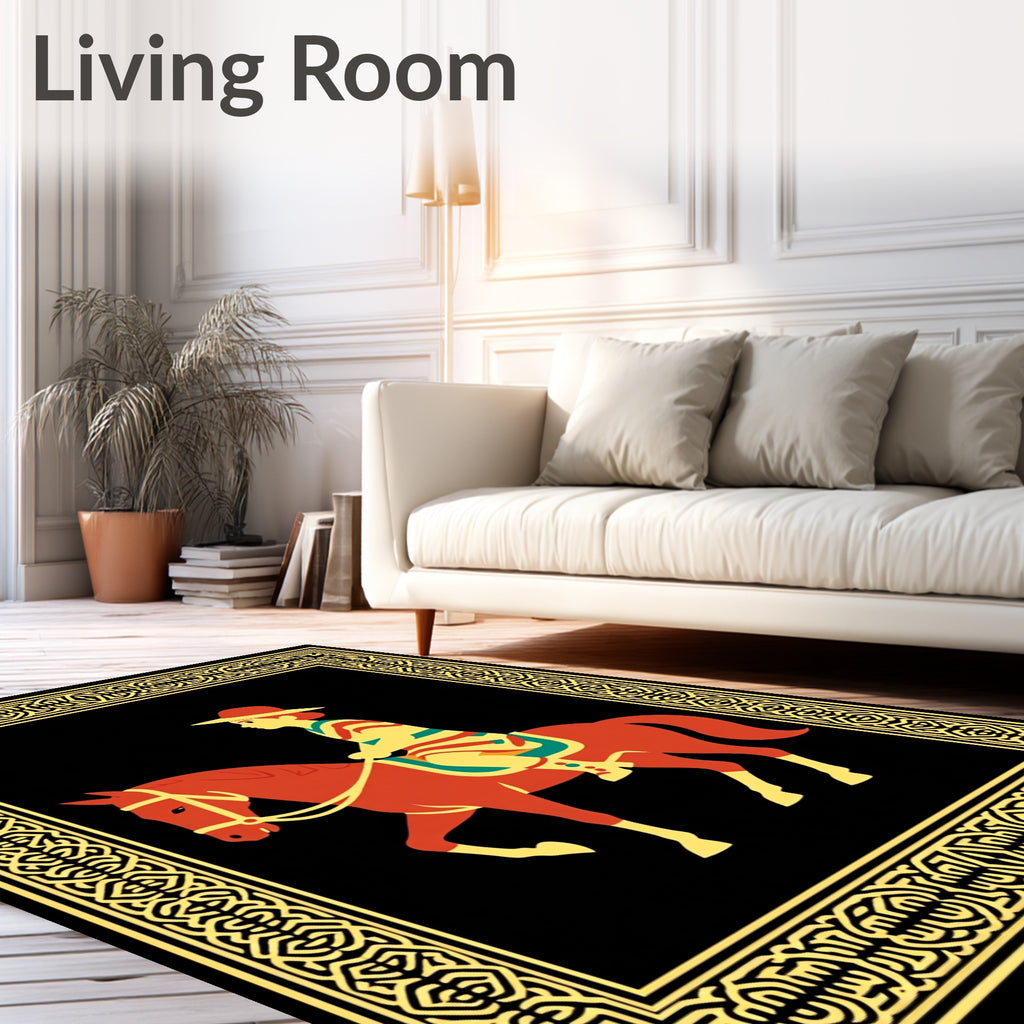 Red Orange Horse Rider Geometric Border Rug