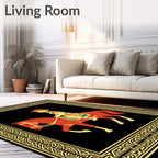 Red Orange Horse Rider Geometric Border Rug
