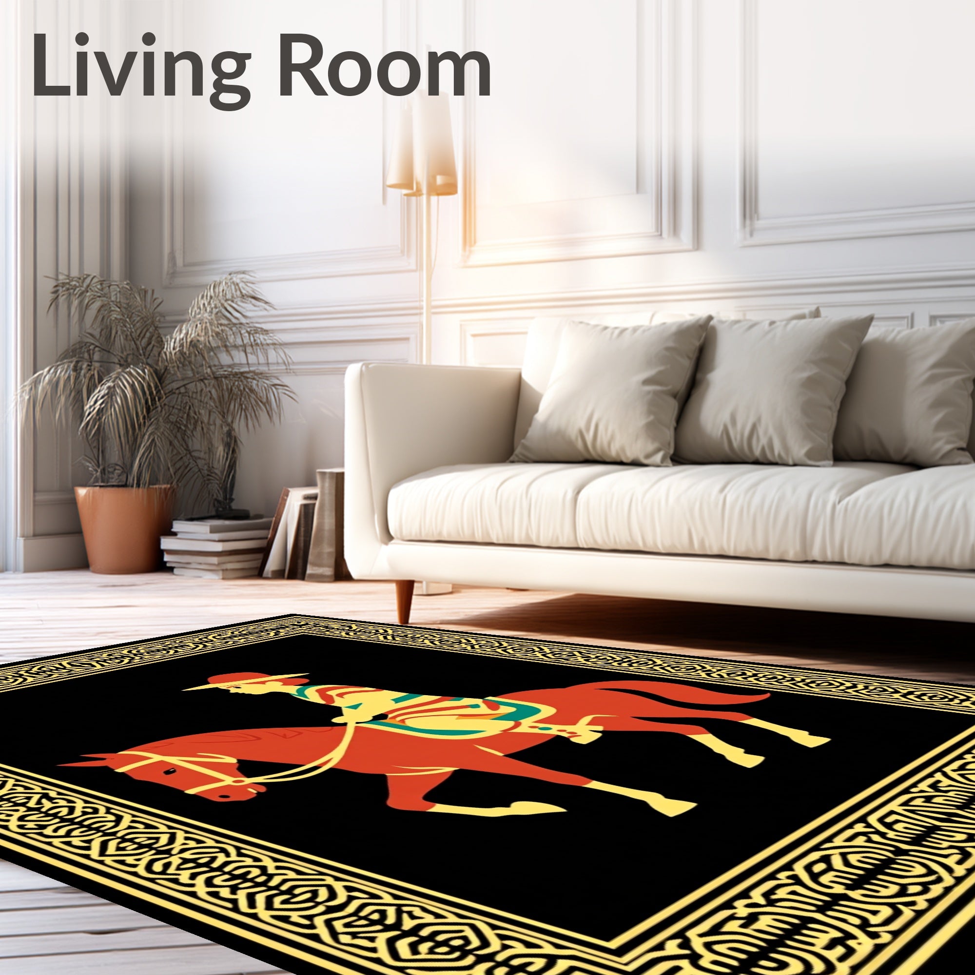 Red Orange Horse Rider Geometric Border Rug