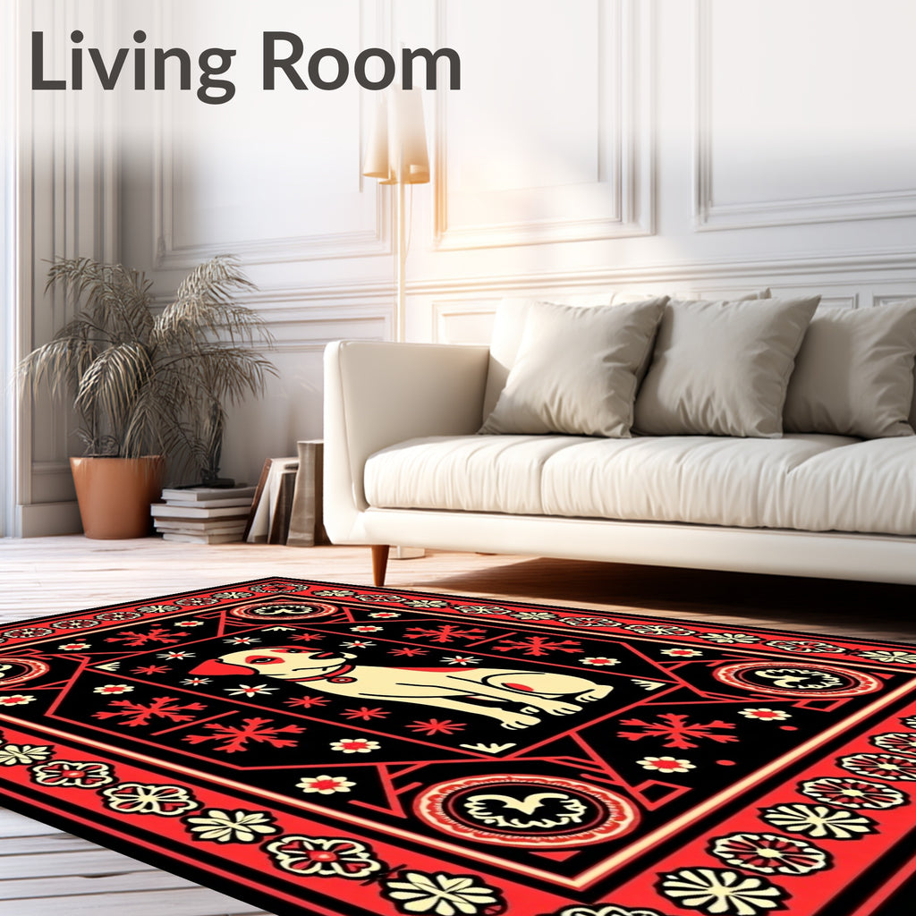 Whimsical Dog Red Black Floral Border Rug