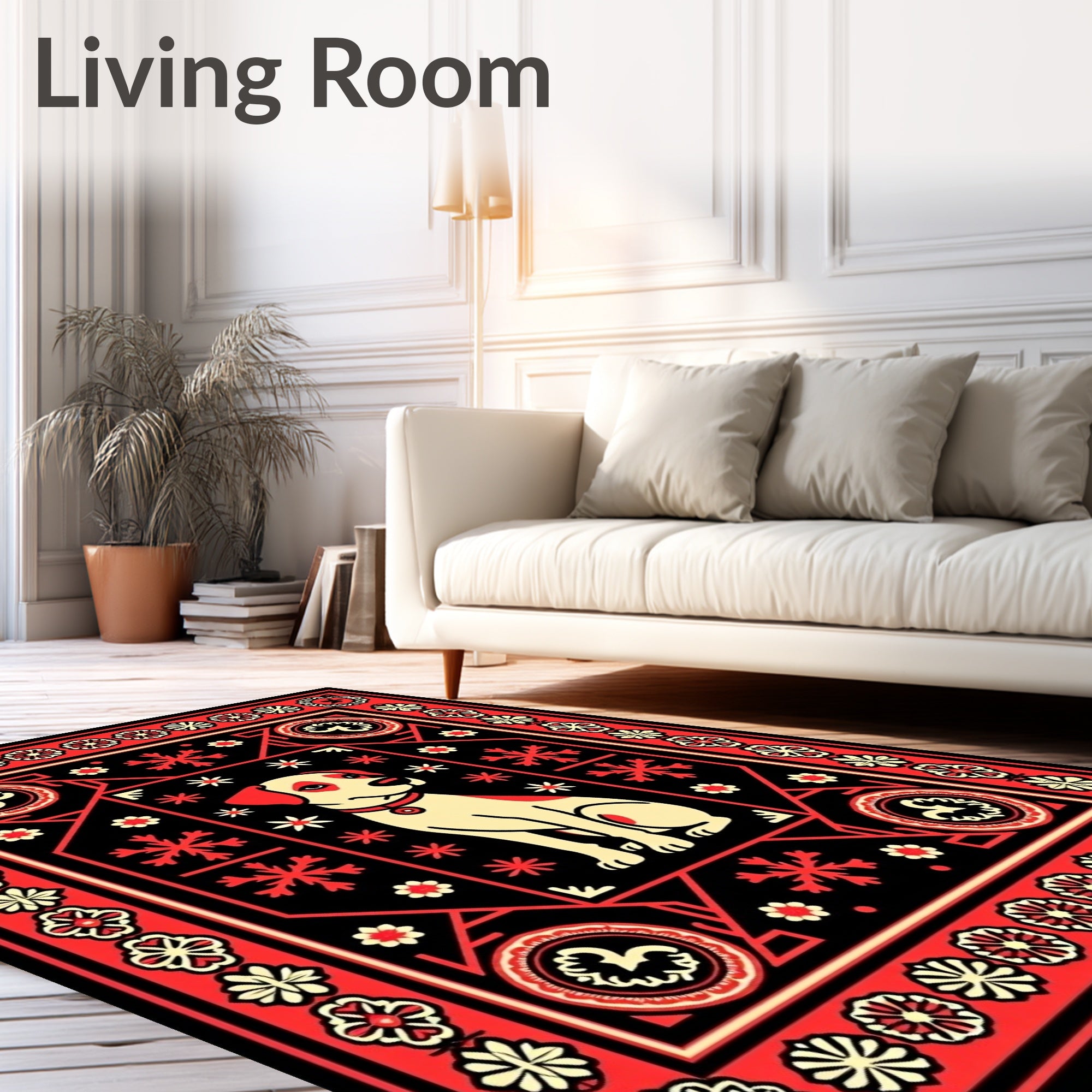 Whimsical Dog Red Black Floral Border Rug